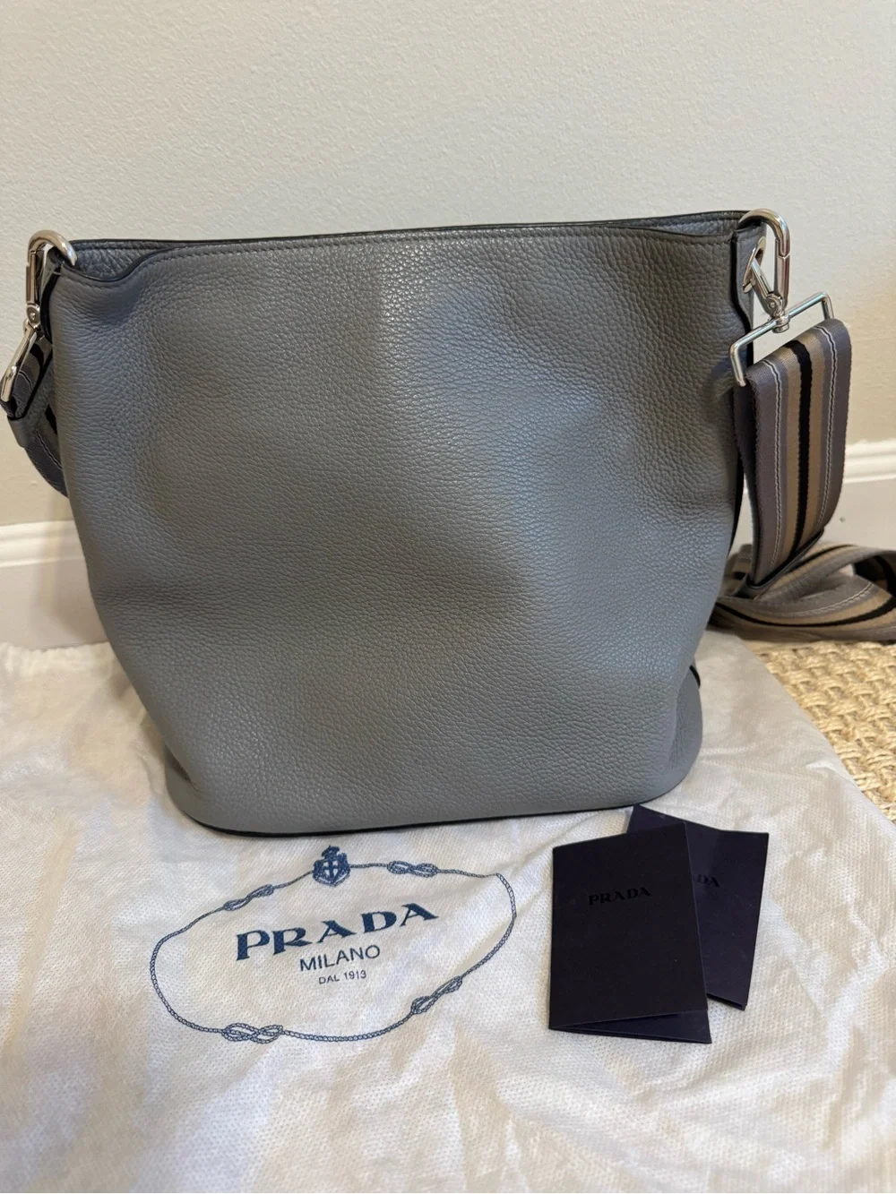 Prada Gray Pebbled Leather Messenger with Striped Strap